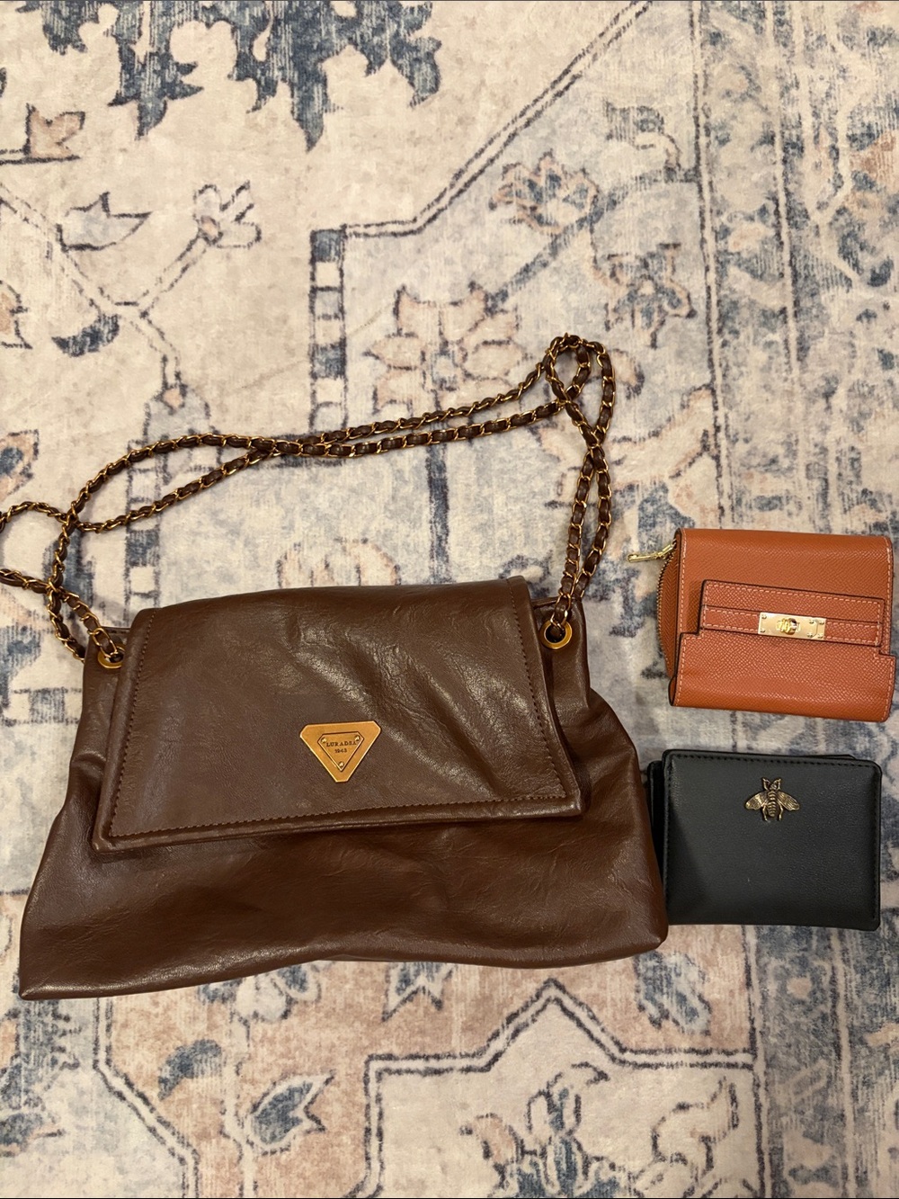 Brown Faux Leather Chain Shoulder Bag with Gold Accent